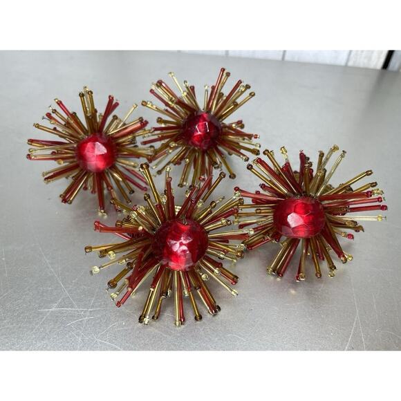 Pier 1 Starburst Napkin Ring Set MCM Look Retro Atomic Red Gold Set Of 4 - Picture 1 of 3